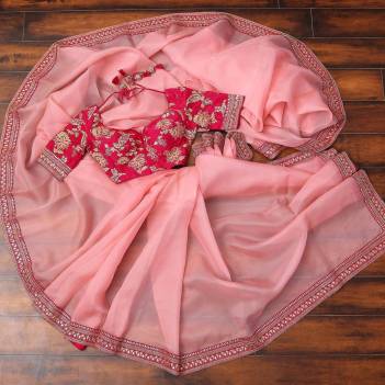 Tulsi Fab Peach Colour Embroidery Work Saree With Heavy Blouse